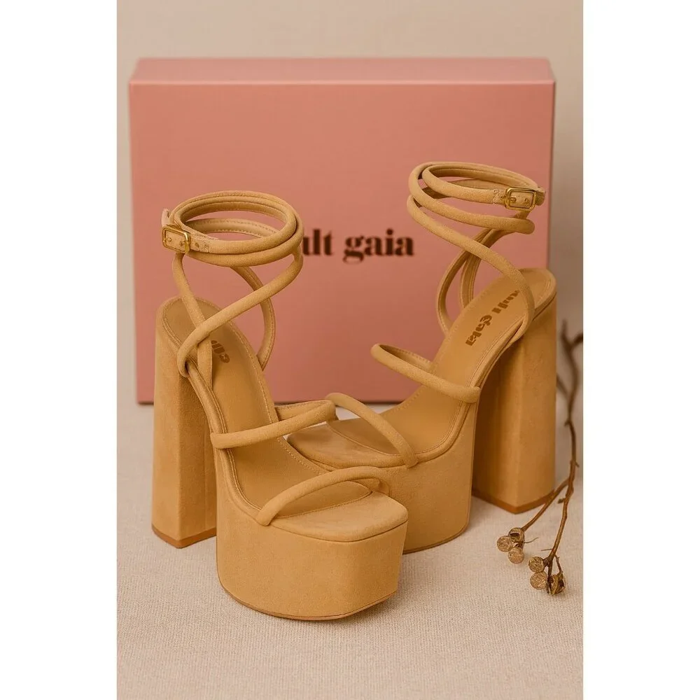 Cult Gaia Hyte Platform High Block Heel Sandals Camel Size 7.5 New In Box